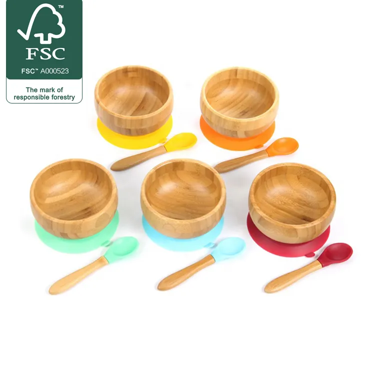 Mix & Match-Conjunto de bambú orgánico para bebé, conjunto de regalo Cuenco de bambú para bebé, plato dividido de bambú, juego de 5 cucharas surtidas Gran