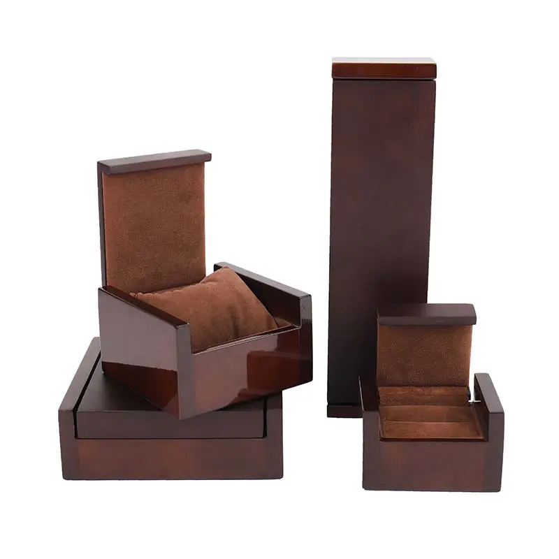 Wholesale high-grade hand carved brown organizer jewelry box set watch earrings necklace ring wooden jewelry box