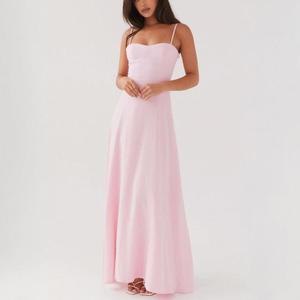 Customized Women A-Line Flare Backless Sleeveless Halter Collar Solid Color Pink Cotton Linen Clothes Maxi Long <strong>Dress</strong> Plus Size - Product Image 5