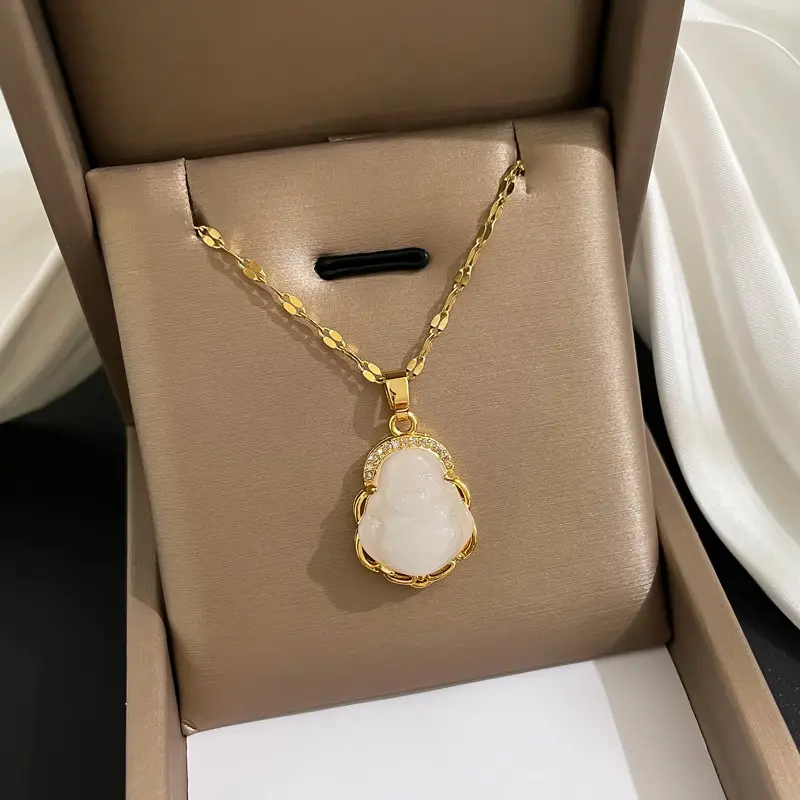 Gold Plated Imitation Hetian Jade Laughing Buddha Pendant Necklace Cubic Zirconia S925 Silver Amulet Buddha Necklace