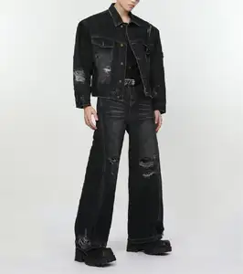 Giacca di jeans da uomo nera con fori larghi da uomo alla moda e alla moda jeans da uomo personalizzabili europa America