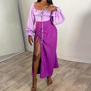 Nuevo Conjunto de Dos Piezas para Mujer, Falda Larga con Abertura y Cordón Ajustable, Manga Larga, Hombros Descubiertos, a la Moda - Product Image 2