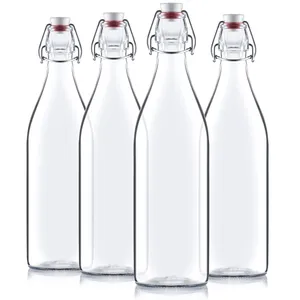 1L透明玻璃水瓶带扣盖客户标志环保酒瓶