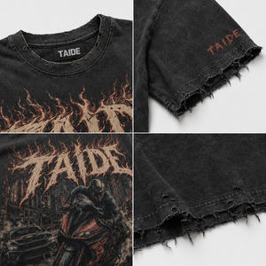 T-shirt graphique <span class=keywords><strong>moto</strong></span> TaiDe OEKO-TEX 280GSM délavé à l'acide, lettres flamme, effet usé, déchiré, coupe oversize, logo personnalisé, OEM ODM, vente en gros pour hommes - Product Image 2