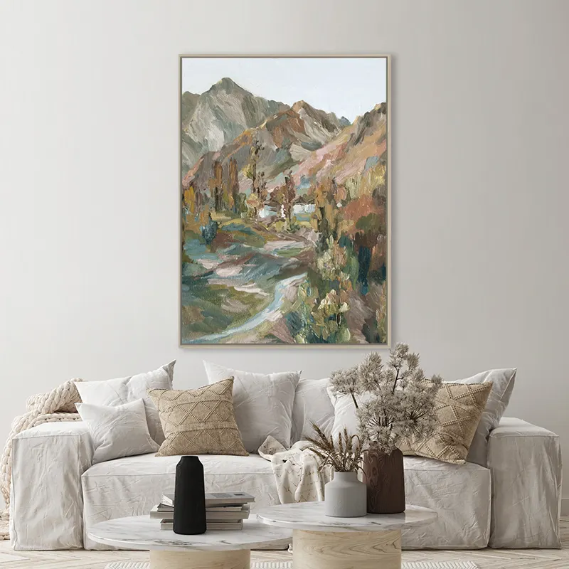 मध्यकालीन पर्वतीय दृश्य, फ़्रेमयुक्त कैनवास प्रिंट पर शास्त्रीय तेल चित्रकला, लिविंग रूम की सजावट के लिए देहाती जल रंग दीवार कला