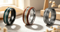 Tizti Herren Edelstahlring mit Echtem Meteorit & Bubinga-Holzeinlage Goldene Rille Ehering Komfortabler Sitz Männerschmuck
