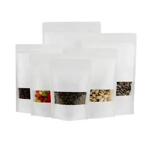 Marrone stampato doypack standard stand up pouch con finestra trasparente sacchetto di carta kraft per il caffè tea nut cibo flessibile