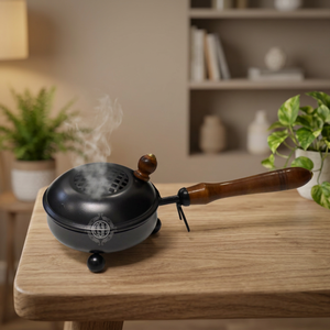 Brûleur d'encens religieux en laiton avec poignée en bois et couvercle grillagé |   Dhoop indien Loban artisanal, écologique et durable |   Bonbons décoratifs - Product Image 4