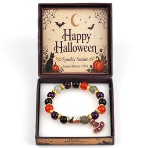 Bracelet en <span class=keywords><strong>calcédoine</strong></span> naturelle édition limitée Halloween, breloques chat noir, citrouille et chapeau de sorcière, bijoux cadeau pour femme, vente en gros - Product Image 6