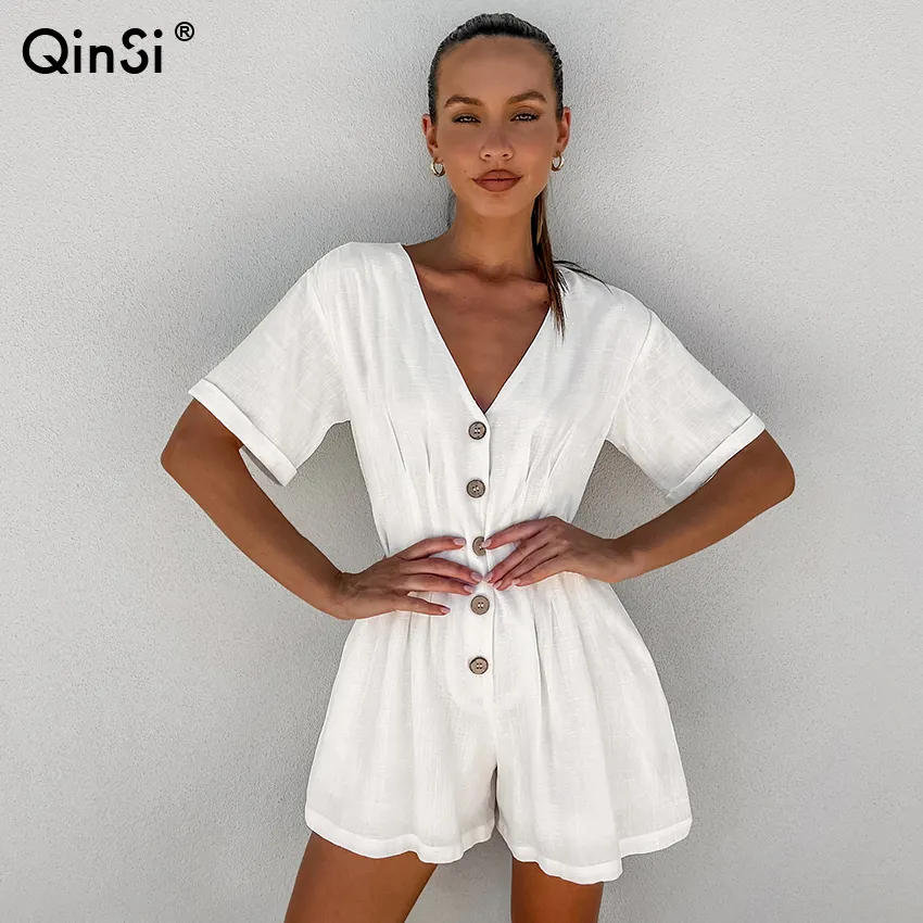 Qinsi Vrouwen Hoge Taille Korte Mouw Onesies Zomer Losse Single Breasted Katoenen Pyjama Witte V-Hals Casual Dames Pyjama