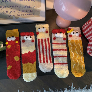 WZ-305 femmes grands yeux mi-longueur hiver épais tricoté respirant corail polaire dessin animé frites chaud maison sommeil <span class=keywords><strong>chaussettes</strong></span> de sol - Product Image 2