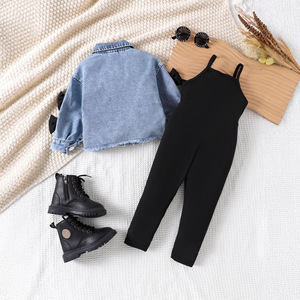 女の子用カジュアルチェック柄カウボーイジャケット秋子供用ボウジョーカー吊りストラップパンツセット - Product Image 5