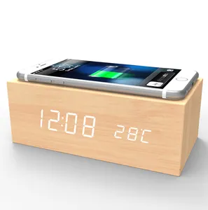 लकड़ी क्यूई तेजी से वायरलेस चार्जर के साथ डिजिटल घड़ी लकड़ी क्यूई वायरलेस चार्जर अलार्म घड़ी का नेतृत्व किया