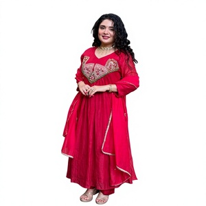 Conjunto de Kurta Tradicional de Algodón para Mujer, Bordado, Largo hasta el Suelo, Corte Holgado, Estilo India Pakistán, Rojo - Product Image 1