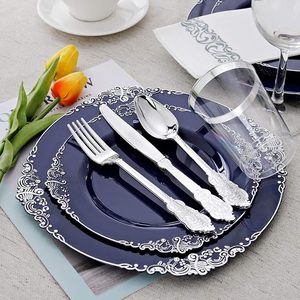 Ensemble de vaisselle pour 25 invités, 175 pièces, 50 assiettes <span class=keywords><strong>bleu</strong></span> foncé avec bordure argentée, 75 couverts argentés, 25 tasses, 25 serviettes pour fête - Product Image 3