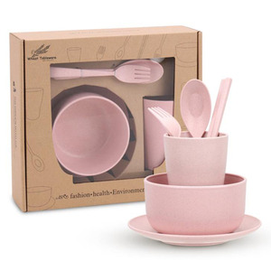 Bpa Free Sinh Thái Thân Thiện Phân Hủy Sinh Học 6 Cái Lúa Mì Rơm Ngã Ba Bát Tấm Muỗng Chén Bộ Đồ Ăn - Product Image 4