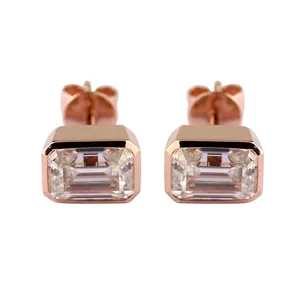 Solid Gold Vrouw Earring Met Emerald Cut 5*7Mm Synthetische Moissanite Diamond 14K Rose Gouden Oorbel Studs