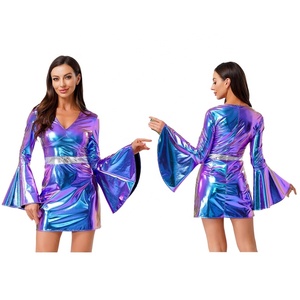 Womens Bell Sleeve Mini Dress Metallic Holographic Sequin Belt V Neck Sparkle Party Dance Stage Costume Rave Shiny Custom - Product Image 2