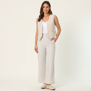 Chaleco de lino para mujer, sin mangas, con botones, chaleco de lino entallado, chaleco formal para mujer, cuello en V y cierre frontal con botones - Product Image 1