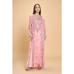 Vestido Kaftán Maxi de Manga Larga para Mujer, Bordado con Hojas Rosadas, Elegante y de Lujo, Personalizado por LEDUO, para Eid - Product Image 1