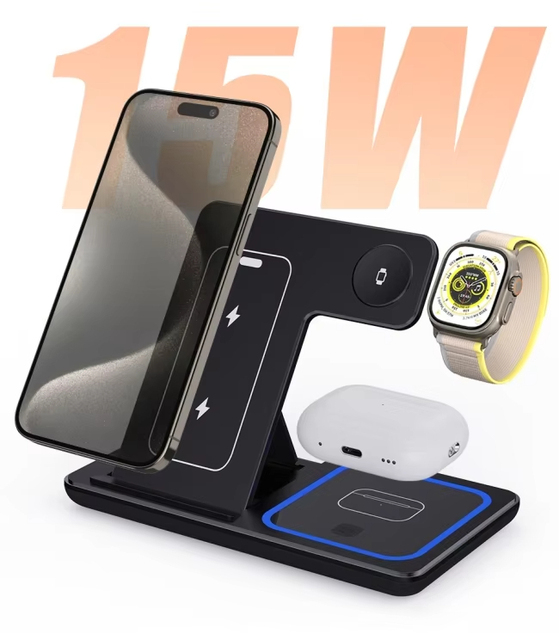 Wireless Charging Station 3-in-1 Standard 15W Fast Charger for Apple & Android Charger Stand for Smartphones