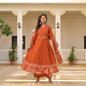 Orange Embroidered Pure Cotton Women Salwar Kameez Mirror Work Set 3/4th Sleeve <b>Kurti</b> & Pant with Dupatta for Party Wedding - Product Image 1