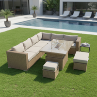 Canapé d'extérieur modulable en osier marron de luxe en forme de L, avec table relevable réglable en hauteur et foyer intégré – Vente chaude directe usine