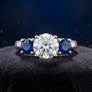 Anillo de Tres Piedras con Diamante Cultivado en Laboratorio y Piedras Laterales de Zafiro Azul Redondo en Oro de 10K, 14K, 18K y Plata 925, 935 - Product Image 1