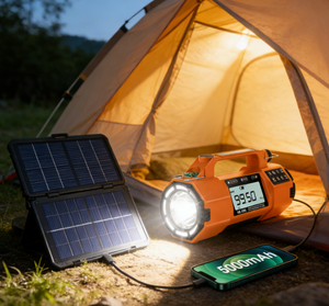 רדיו רב-תכליתי 5000 מיליאמפר/שעה עם ידית סיבוב, אנרגיה סולארית, רמקול מובנה, פנס נייד עם USB, סוללת גיבוי, פלסטיק, חדש - Product Image 6