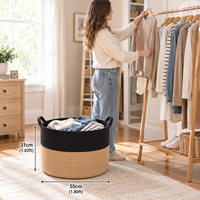 Panier de rangement rond en corde de coton avec poignées, corbeille à linge tressée pour vêtements, couvertures, jouets, rangement domestique