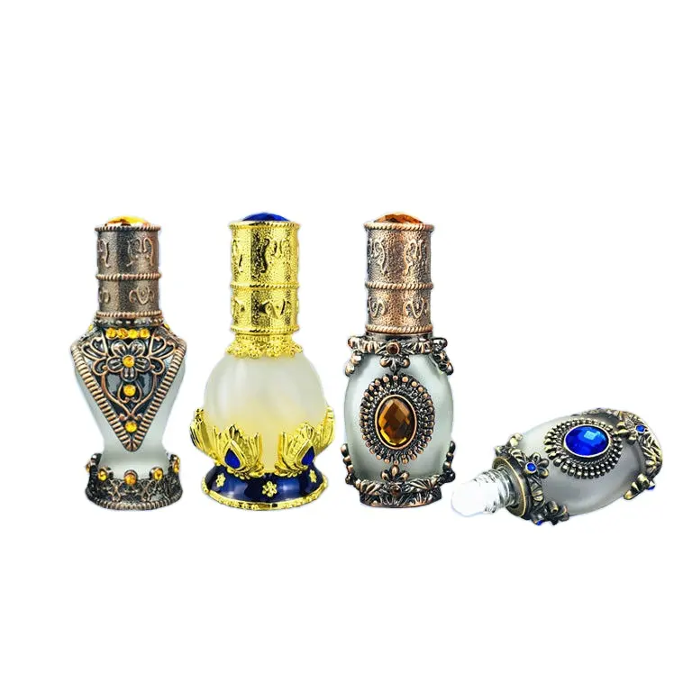 Flacon de parfum de luxe rechargeable de 12ml en alliage métallique et de pierres précieuses arabes avec compte-gouttes en verre, huile essentielle, vente en gros