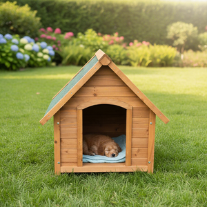 En stock, maison pour chien en bois écologique avec motif imprimé, design carré tendance, intérieur/extérieur - Product Image 1