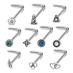 Toposh 20G 18G Nose Piercing Jewelry Silver Stainless Steel Opal Heart Nose L Shape Body Jewelry Manufacturer