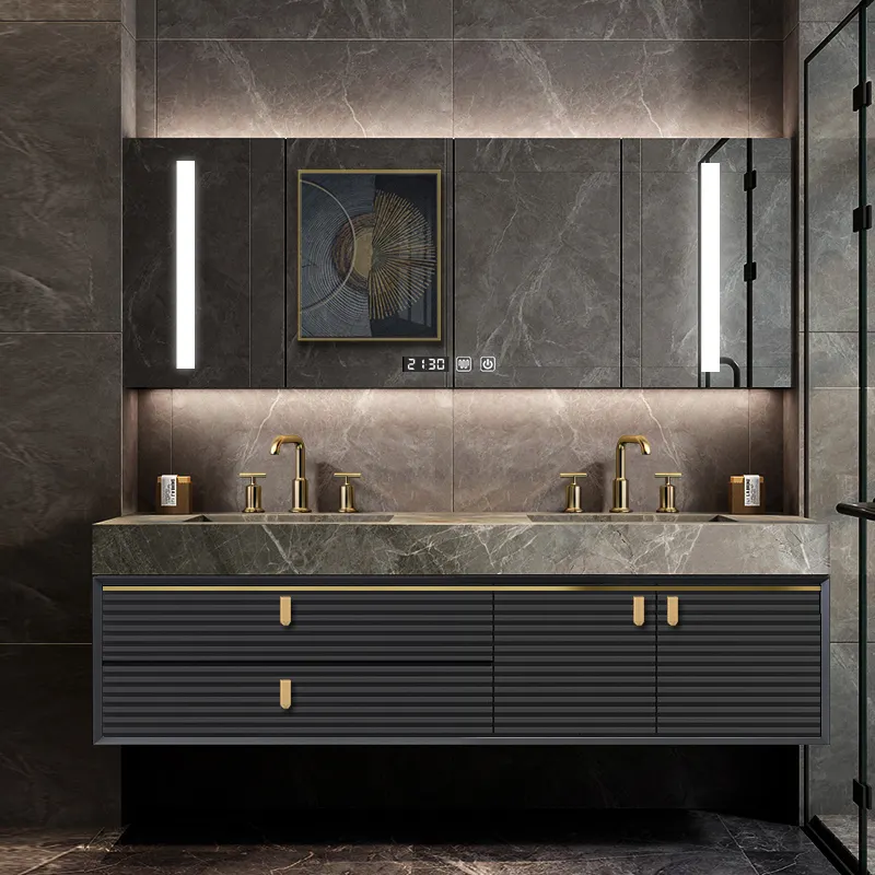 Mobile da bagno con bordo a griglia di lusso con doppio lavabo di fascia alta dal design moderno con maniglie dorate