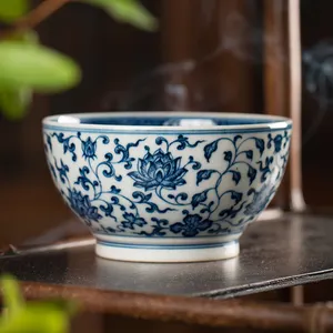 Zhong's Kiln Ceramic Teacup Jingdezhen Hand-painted Blue and White Tea Bowl Flower Pattern High-end Porcelain Tea Cup Gift Box
