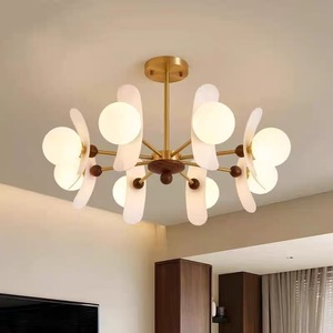 Black Walnut Wood Chandelier Round Gold LED E27 Living Room <b>Lighting</b> Fixture - Product Image 1