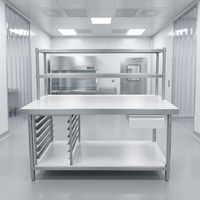 Table de travail professionnelle en acier inoxydable robuste avec étagère inférieure et pare-éclaboussures, capacité de charge de 300 kg/m, revêtement autonettoyant pour cuisines