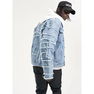 DiZNEW Denim Jeans Jacket 2022 New Fringe Stitching Men's Washed Denim Jacket Fashion Casual Jacket