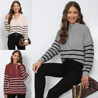 Pull en laine d'hiver pour femme, style preppy décontracté, tricoté à rayures, col semi-ouvert zippé, manches longues, coupe ample et épaisse