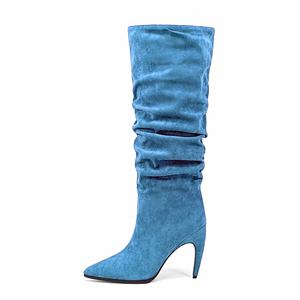 Mode femme Sexy <span class=keywords><strong>botte</strong></span> bout pointu talon haut dames plissé Faux <span class=keywords><strong>daim</strong></span> fétiche genou bottes hautes - Product Image 2