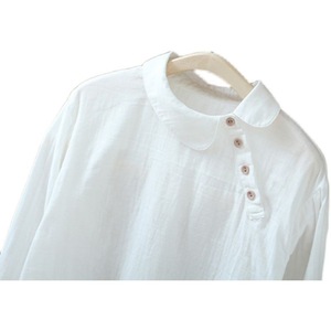 White Peter Pan Collar Long Sleeve Shirt Cotton Linen Retro Solid Color Top Everyday Wear Women's Blouse - Product Image 2