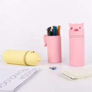 Wholesale 3d Cute Extendable Retractable Pig Silicone Pen Holder Pencil Cases for kids Stand up Pencil case