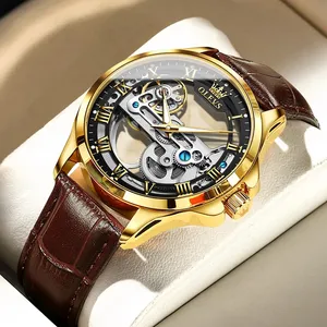 OLEVS 6661 orologi da uomo di lusso orologio da polso meccanico automatico Design scheletro cinturino in pelle impermeabile orologio da uomo Reloj Hombre