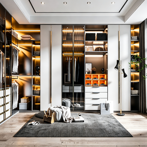 BALOM Tailored Modern Walk in Closet With Matte Finish Cabinets Glass <strong>Inserts</strong> LED Lighting and Attached Makeup Station - Product Image 6