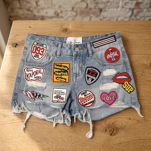 Women's Distressed Denim <b>Shorts</b> With Patchwork Appliques Mid Waist Vintage Style Regular Fit Button Fly - Product Image 3