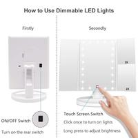 Miroir cosmétique LED carré argenté éclairé, pliable, rotatif à 90 et 180 degrés, avec grossissement 1x/2x/3x, en plastique