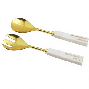 Eco-Friendly Golden Stainless Steel <b>Salad</b> <b>Server</b> with Wood & Resin Handmade Handle Dishwasher Safe Set of 2 for Kitchen Use - Product Image 3