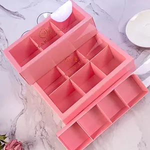 Пользовательский десертный Печенье Шоколад Макарон розовая вставка разделенная бумажная скользящая коробка с прозрачным рукавом