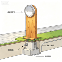 Lampu Taman Tiang Kayu Vintage Tegangan Listrik, Kap Lampu Logam Setengah Lingkaran, Tahan Air, Lampu Bollard LED untuk Halaman dan Jalan Luar Ruangan