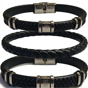 Men's Black Leather <b>Bracelet</b> 22cm Geometric Pattern Stainless Steel Clasp <b>Adjustable</b> Jewelry Gift - Product Image 4